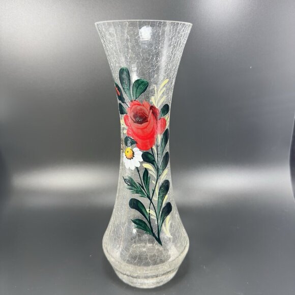 Vintage Tall Art Glass Vase Clear Crackle Glass Vessel Vase With Floral Pattern - Picture 14 of 14